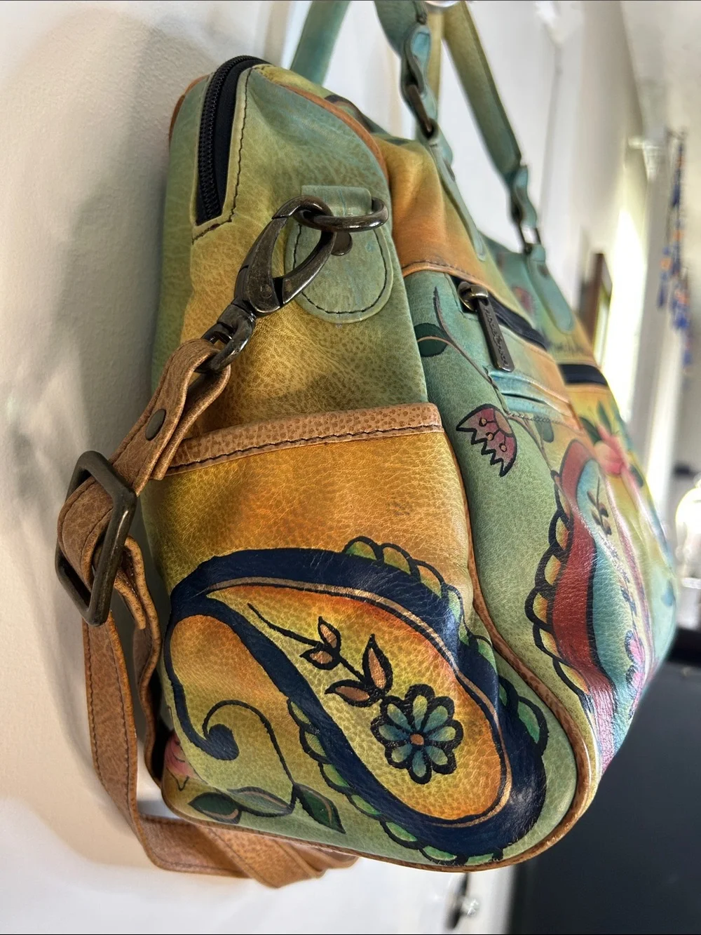 Anuschka Hand Painted Paisley Floral Theme Leather Satchel & Shoulder Strap